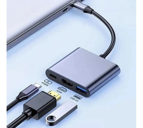 Перехідник адаптер 3в1 із Type-C на HDMI, USB, USB-C / Конвертер Full HD, 1080p, 4K, 2K, UHD