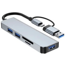 Концентратор 5-in-1 USB Type-C/Type-A для 1хUSB3.0, 2xUSB 2.0, card-reader SD/MicroSD