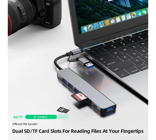 Концентратор 5-in-1 USB Type-C/Type-A для 1хUSB3.0, 2xUSB 2.0, card-reader SD/MicroSD