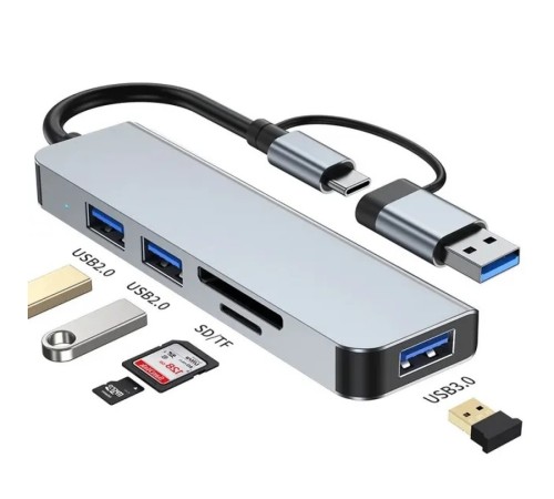 Концентратор 5-in-1 USB Type-C/Type-A для 1хUSB3.0, 2xUSB 2.0, card-reader SD/MicroSD