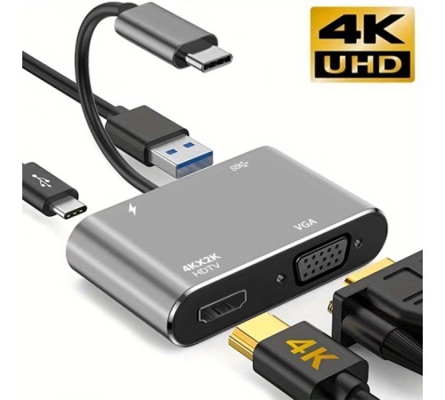 Концентратор Type-C 4 в 1, адаптер type-c 3.0 до 4K HDMI HDTV, VGA USB 3.0 PD, розгалужувач швидкої зарядки