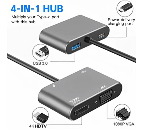 Концентратор Type-C 4 в 1, адаптер type-c 3.0 до 4K HDMI HDTV, VGA USB 3.0 PD, розгалужувач швидкої зарядки