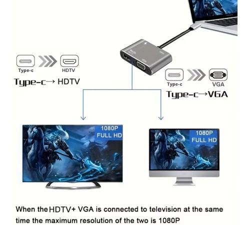 Концентратор Type-C 4 в 1, адаптер type-c 3.0 до 4K HDMI HDTV, VGA USB 3.0 PD, розгалужувач швидкої зарядки