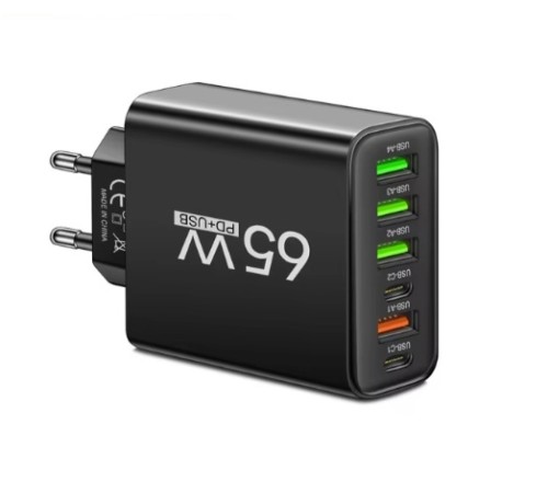 Блок живлення, мережевий зарядний пристрій 65 Вт, 4-USB + 2-Type-C, адаптер для зарядки Black