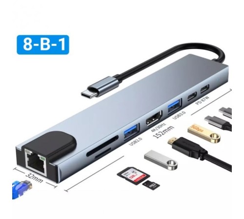 Хаб концентратор 8 до 1 USB Type-C перехідник HDMI SD TF RJ45