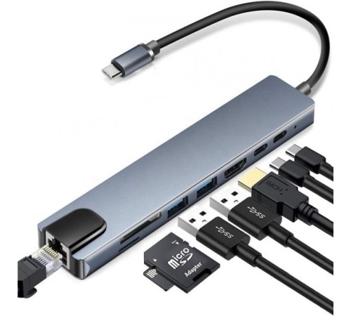 Хаб концентратор 8 до 1 USB Type-C перехідник HDMI SD TF RJ45