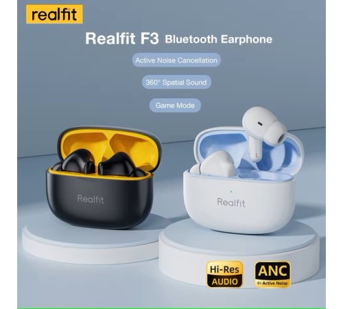 Bluetooth-навушники Realfit F3 з активним шумопоглинанням. Білі