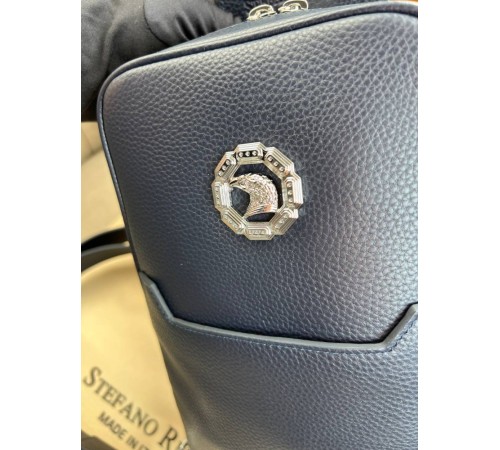 Нагрудна сумка синя Stefano Ricci Blue Leather Silver Metal Logo c868