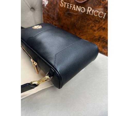 Нагрудна сумка чорна Stefano Ricci Black Leather Gold Metal Logo c867