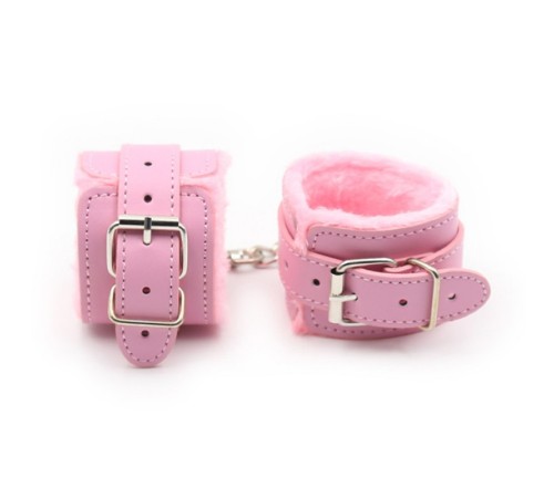 Розовые кожаные бондажные наручники с мехом Premium Fur Lined Locking Restraints