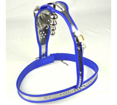 Male Fully Adjustable Model-T Stainless Steel Premium Chastity Device with Hole Cage Cover BLUE Plug