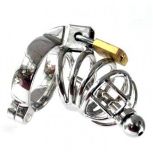 Metal Asylum Chastity Device with Urethral Stretching Penis Plug and Two Rings