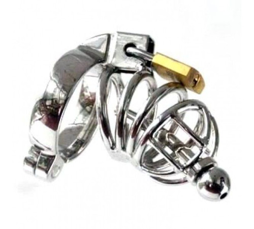 Metal Asylum Chastity Device with Urethral Stretching Penis Plug and Two Rings