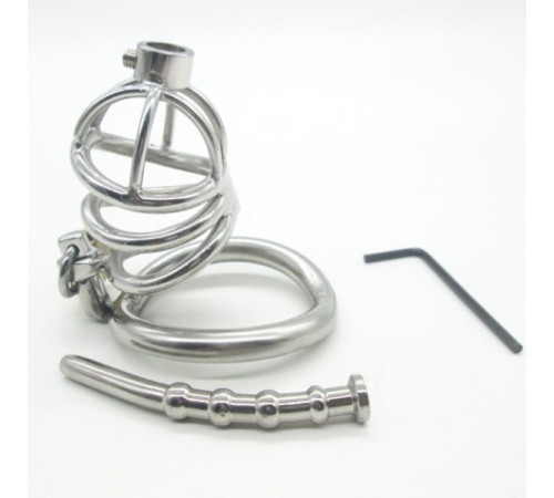 Stainless Steel Male Chastity device Cock Cage With Curve Cock Ring Urethral Catheter