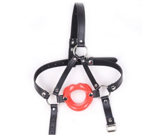 Red Rubber Lip Shape Faux Leather Harness Open Mouth Gag