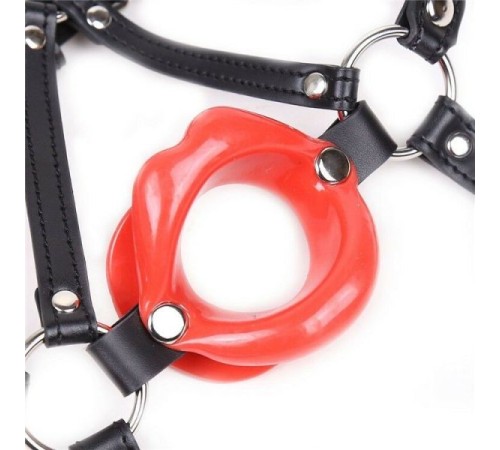 Red Rubber Lip Shape Faux Leather Harness Open Mouth Gag