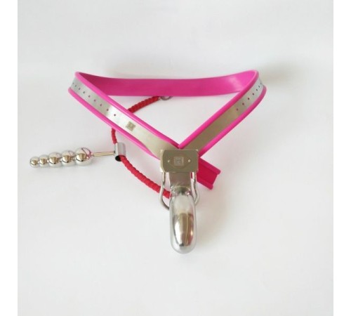 Male Adjustable Model-Y Stainless Steel Premium Chastity Belt with Chian and Plug - PINK