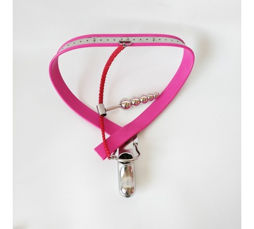 Male Adjustable Model-Y Stainless Steel Premium Chastity Belt with Chian and Plug - PINK