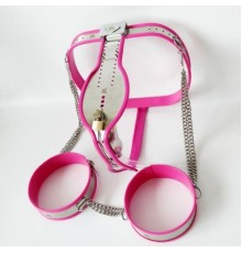 Male Fully Adjustable Model-T Stainless Steel Premium Chastity Belt + Thigh Bands Kit - PINK