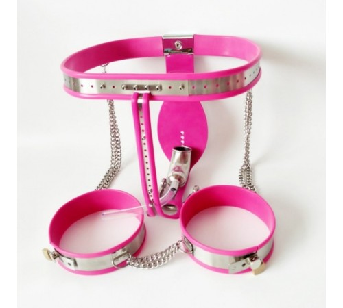 Male Fully Adjustable Model-T Stainless Steel Premium Chastity Belt + Thigh Bands Kit - PINK