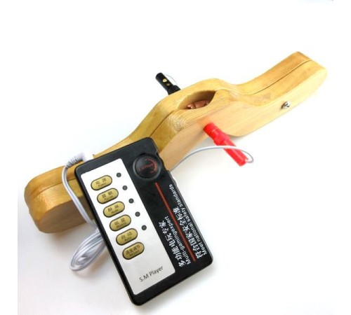 Electro-sex wooden penis / scrotum clamp - S