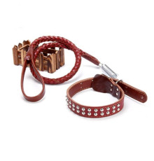 High quality leather collar with traction leather chain - red