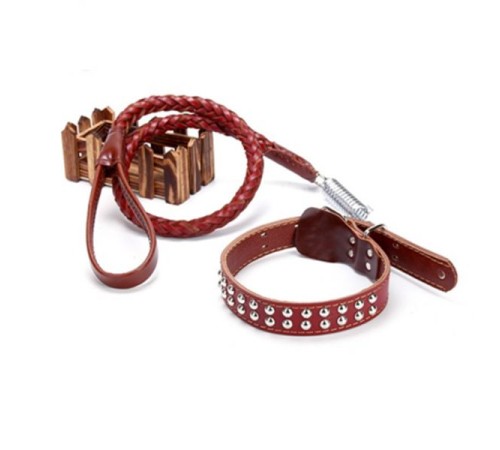 High quality leather collar with traction leather chain - red