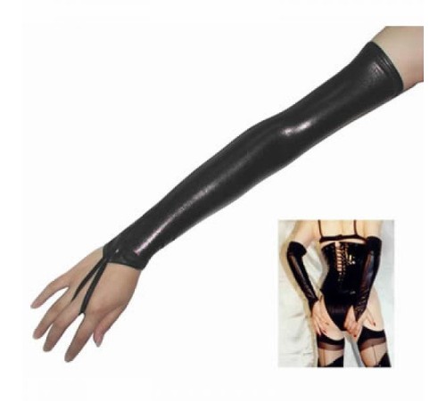 Black Springy Spandex-latex Long Gloves Showing Hands