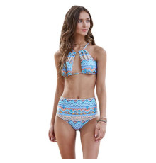 Halter Cut out Mix Printed High Waist Bottom Bikini