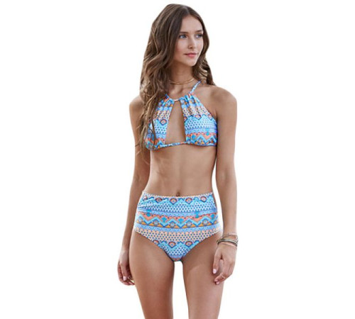 Halter Cut out Mix Printed High Waist Bottom Bikini