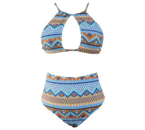 Halter Cut out Mix Printed High Waist Bottom Bikini