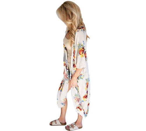 Ivory Floral Side Slit Boho Kimono