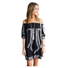 Black Bohemian Vibe Geometric Print Off The Shoulder Beach Dress