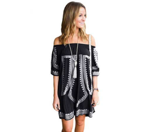 Black Bohemian Vibe Geometric Print Off The Shoulder Beach Dress