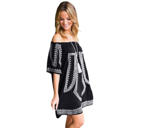 Black Bohemian Vibe Geometric Print Off The Shoulder Beach Dress