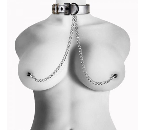 Ошейник серебристый с зажимами для сосков Collar With Nipple Clamp