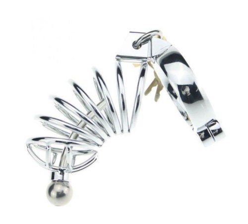 Metal Asylum Chastity Device with Urethral Stretching Penis Plug and Two Rings L