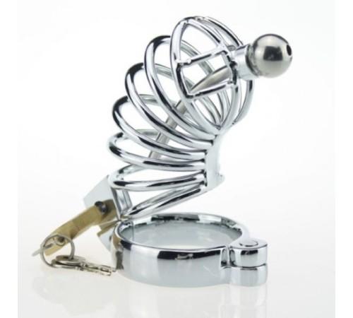 Metal Asylum Chastity Device with Urethral Stretching Penis Plug and Two Rings L