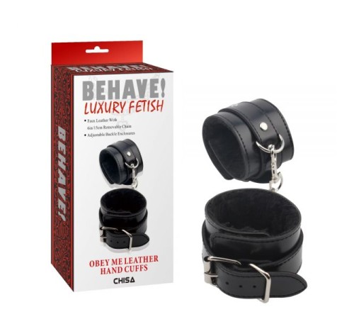 Черные наручники на цепочке и мехом внутри Obey Me Leather Hand Cuffs