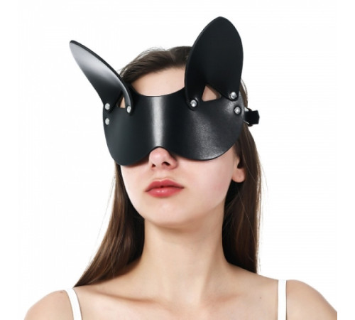 Черная кожаная маска на глаза с ушками Kitty Bondage Mask