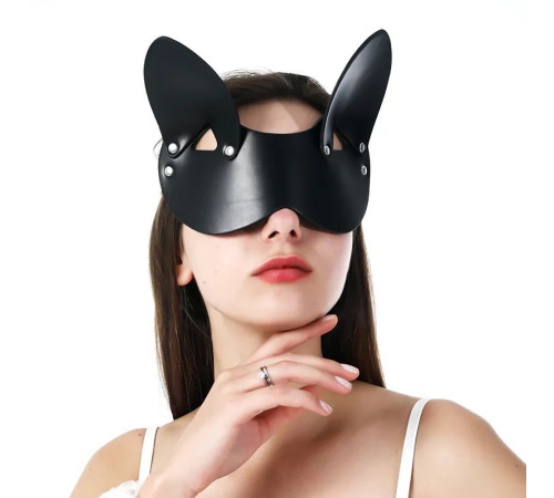 Черная кожаная маска на глаза с ушками Kitty Bondage Mask