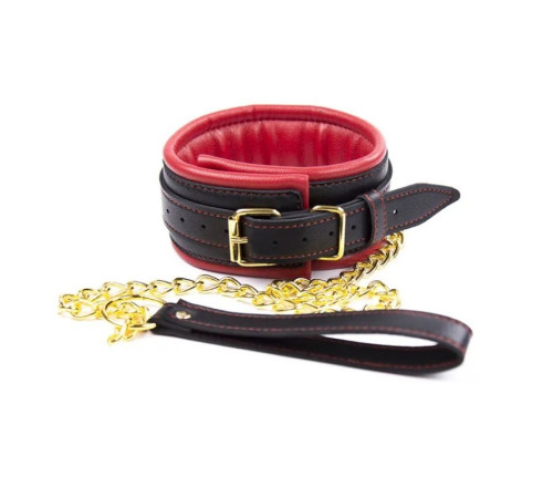 Красный ошейник с золотистым поводком Leather Neck Collar With Chain Leash