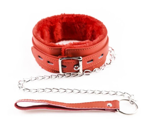 Красный меховой ошейник с поводком Bdsm Fetish Collar Red