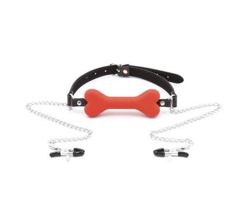 Кляп с зажимами для сосков Nipple Clamps Bone Gag Red