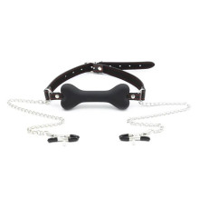 Кляп с зажимами для сосков Nipple Clamps Bone Gag Black