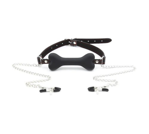 Кляп с зажимами для сосков Nipple Clamps Bone Gag Black