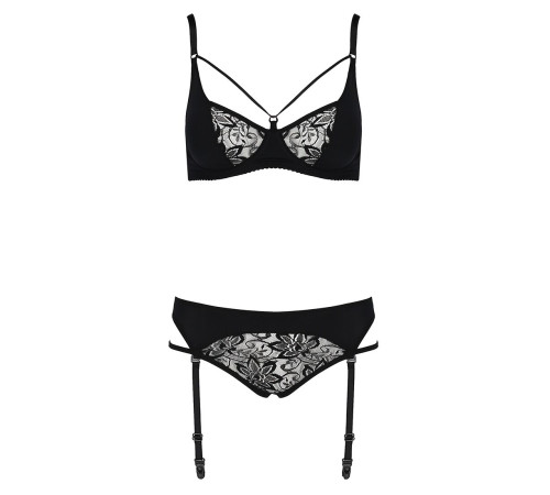 Комплект білизни Passion PAULINE SET L/XL, black, стрепи, ліф, стрінги і пояс для панчох