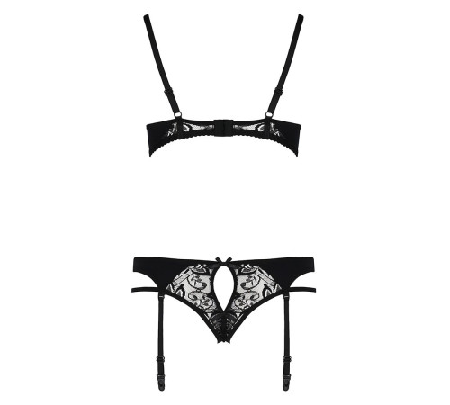 Комплект білизни Passion PAULINE SET L/XL, black, стрепи, ліф, стрінги і пояс для панчох