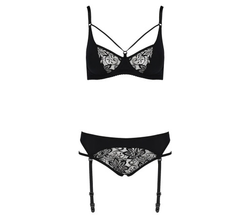 Комплект білизни Passion PAULINE SET S/M, black, стрепи, ліф, стрінги і пояс для панчох