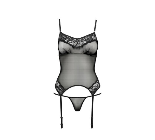 Корсет з пажами Passion MELANIA CORSET S/M, black, трусики, напівпрозорий